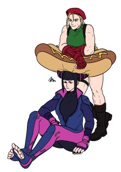 Rule 34 | 2girls, annoyed, archived source, arm on knee, arm rest, artist name, beret, biker clothes, bikesuit, black bodysuit, black boots, black hair, blonde hair, blunt bangs, bodysuit, boots, braid, breasts, cammy white, commentary, crack, drill hair, efd, english commentary, fingerless gloves, frown, furrowed brow, gloves, green leotard, han juri, hat, highres, hot dog, jewelry, korean commentary, leotard, long hair, multiple girls, mustard, nail polish, padded gloves, popped collar, red gloves, red hat, ring, scar, scar on face, sidelocks, sitting, sleeveless, smile, street fighter, street fighter v, toes, toned, toned female, turtleneck, twin drills, unzipped, white background