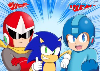 3boys blue_eyes capcom crossover grin helmet highres joints looking_at_viewer mega_man_(character) multiple_boys open_mouth proto_man robot_ears robot_joints scarf sega smile sonic_(series) sonic_racing:_crossworlds sonic_the_hedgehog standing sunglasses thumbs_up
