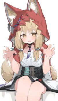 Rule 34 | 1girl, absurdres, animal ears, arknights, arknights: endfield, blonde hair, blush, braid, cloak, commentary request, highres, hood, hooded cloak, long hair, looking at viewer, open mouth, red cloak, rossi (arknights), side braid, sitting, solo, spread fingers, tail, tntl nemui, white background, wolf ears, wolf girl, wolf tail, yellow eyes