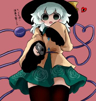 1girl :d aiming aiming_at_viewer black_eyes black_hat blush bow brown_thighhighs buttons collared_shirt cowboy_shot diamond_button floral_print frilled_shirt_collar frilled_sleeves frills from_below green_eyes green_hair green_skirt gun hand_up handgun hat hat_bow heart heart_of_string heripantomorrow holding holding_gun holding_weapon komeiji_koishi long_hair open_mouth rose_print shirt single_sleeve_past_fingers skirt smile solo thighhighs third_eye touhou translation_request weapon yellow_bow yellow_shirt