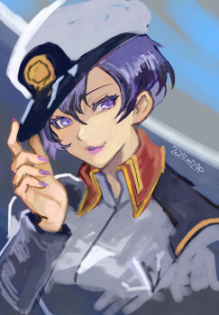 1girl black_hair gundam gundam_seed hat hat_tip highres lipstick looking_at_viewer makeup military military_uniform nail_polish natarle_badgiruel okrdisk2000 peaked_cap purple_eyes purple_nails short_hair solo unfinished