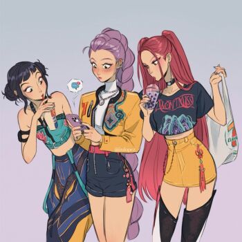 3girls 7-eleven aqua_shirt armband bag bare_shoulders black_boots black_choker black_hair black_nails black_shirt black_shorts blue_pants blunt_bangs blush boots braid breasts bubble_tea choker cowboy_shot crop_top cup double_bun drinking earrings grey_background hair_bun halterneck highres holding holding_bag holding_cup holding_phone huntrix itslopezz jacket jewelry kpop_demon_hunters long_hair medium_breasts midriff miniskirt mira_(kpop_demon_hunters) multiple_earrings multiple_girls nail_polish necklace pants parted_bangs phone pink_hair print_shirt purple_hair rumi_(kpop_demon_hunters) shirt short_bangs short_hair short_shorts shorts sidelocks single_braid skirt t-shirt tassel text_messaging thigh_boots turtleneck twintails white_shirt yellow_jacket yellow_skirt zoey_(kpop_demon_hunters)