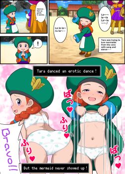 ! 1boy 1girl :d ass bent_over blush bra braid cameltoe clothes_lift comic commentary_request dragon_quest dragon_warrior_monsters_2 dress dress_lift english_text flashing flat_chest gluteal_fold green_dress green_hat hat heart highres kohatsuka lifting_own_clothes loli long_hair looking_at_viewer looking_back motion_lines multiple_views navel open_mouth orange_hair outdoors paid_reward_available panties print_bra print_panties purple_eyes smile solo square_enix tara_(dragon_warrior_monsters_2) translated twintails underwear