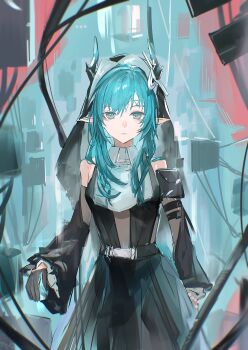 1girl absurdres aqua_eyes aqua_hair arknights arknights:_endfield bare_shoulders black_dress breasts commentary_request cowboy_shot dress headscarf highres horns long_hair looking_at_viewer parted_lips pointy_ears solo standing strap sudadachi tail white_background xaihi_(arknights)