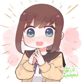 1girl akoya_(anoko_konoko) artist_name black_hair black_sailor_collar blue_eyes blue_neckerchief breasts brown_cardigan cardigan fubuki_(kancolle) fubuki_kai_ni_(kancolle) kantai_collection low_ponytail medium_breasts neckerchief ponytail sailor_collar sidelocks solo steepled_fingers twitter_username upper_body