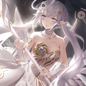 1girl absurdres alternate_ears bare_shoulders braid braided_bun breasts center-flap_bangs chest_tattoo chinese_commentary circuit_board_print cleavage collarbone commentary cross_hair_ornament dark_background dress drone elbow_sleeve floating flower_on_chest gold_trim grey_eyes hair_bun hair_ornament hairclip halo highres holding holding_staff jewelry lips liv:_empyrea_(wings_of_dawn)_(pgr) liv_(pgr) long_hair looking_to_the_side low_wings making-of_available mechanical_flower mechanical_halo mechanical_wings medium_breasts necklace pointy_ears print_dress punishing:_gray_raven shoulder_tattoo solo staff strapless strapless_dress tang45 tattoo updo upper_body white_dress white_hair white_halo white_sleeves white_wings wings