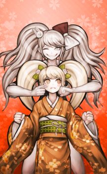 2girls big_hair blonde_hair blue_eyes blush bow cosplay danganronpa:_trigger_happy_havoc danganronpa_(series) danganronpa_2:_goodbye_despair enoshima_junko enoshima_junko_(cosplay) eyelashes floral_print floral_print_kimono frown green_bow grin hair_bow hair_ornament highres ikusaba_mukuro japanese_clothes kimono komatsuzaki_rui long_hair multiple_girls obi official_art one_eye_closed orange_eyes orange_kimono print_kimono rabbit_hair_ornament saionji_hiyoko sash school_uniform sleeves_rolled_up smile teeth third-party_source twintails two-tone_bow yellow_eyes
