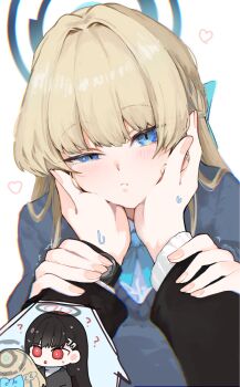 2girls ? blonde_hair blue_archive blue_cardigan blue_eyes blue_halo blush cardigan chibi chibi_inset closed_mouth commentary female_pov guiding_hand half-closed_eye halo hands_on_another&#039;s_cheeks hands_on_another&#039;s_face heart highres koyuuuuuuuuuuu looking_at_viewer multiple_girls pov pov_hands rio_(blue_archive) simple_background sweatdrop toki_(blue_archive) toki_(school_uniform)_(blue_archive) upper_body white_background