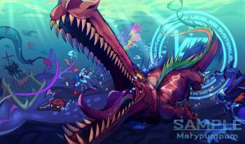 absurdres colored_skin commission crocodile crocodilian depthmon digimon digimon_(creature) gomamon highres leviamon marypumpum open_mouth red_skin ryugumon sample_watermark seadramon seven_great_demon_lords shakomon sharp_teeth slit_pupils solo_focus teeth underwater watermark