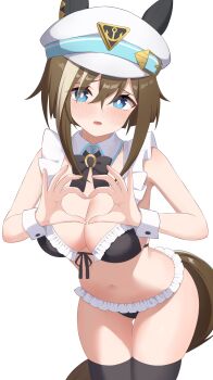 1girl absurdres alternate_costume animal_ears astroglia_cyte bikini black_bow black_bowtie black_thighhighs blue_eyes blush bow bowtie breasts brown_hair cheval_grand_(umamusume) cleavage commentary_request detached_collar ear_covers ears_through_headwear frilled_bikini frills hair_between_eyes hat heart heart_hands highres horse_ears horse_girl horse_tail large_breasts leaning_forward looking_at_viewer maid maid_bikini multicolored_hair navel sailor_hat short_hair_with_long_locks simple_background solo streaked_hair swimsuit tail thighhighs umamusume unconventional_maid white_background white_hair white_hat wrist_cuffs