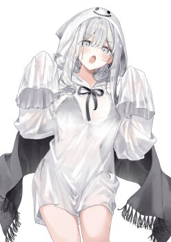 1girl bikini black_bikini fuyukawa_kagari ghost_costume grey_eyes grey_hair hakanai_kimi_wa_moukou_wo_hajimeru hood hood_up kazutake_hazano light_blush long_hair open_mouth see-through_clothes side-tie_bikini_bottom signature simple_background sleeves_past_fingers sleeves_past_wrists solo swimsuit v-shaped_eyebrows white_background