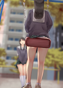 2girls ass black_hair blurry commentary depth_of_field from_behind highres long_hair miniskirt multiple_girls on_swing original panties panty_peek rokujyou school_uniform sitting skirt swing underwear white_panties