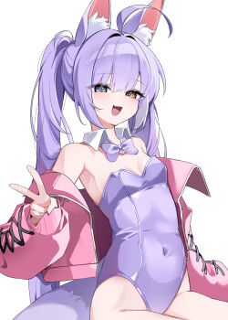 1girl :d absurdres ahoge animal_ear_fluff animal_ears arm_at_side blue_eyes bow bowtie breasts chaum collar commentary covered_navel cowboy_shot cross-laced_clothes cross-laced_sleeves detached_collar fox_ears fox_girl fox_tail hair_intakes hand_up heterochromia highres jacket jacket_partially_removed leotard long_hair long_sleeves open_mouth pink_jacket purple_bow purple_bowtie purple_hair purple_leotard sidelocks simple_background sitting small_breasts smile solo stellive strapless strapless_leotard tail tenko_shibuki twintails v virtual_youtuber white_background white_collar wing_collar yellow_eyes