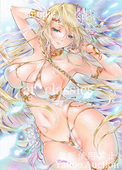 1girl armlet at_classics bikini blonde_hair blue_background braid braided_sidelock breasts choker circlet cleavage commentary_request cowboy_shot elf floating_hair flower gem gold_armlet gold_choker gold_circlet gold_thighlet green_eyes green_gemstone hair_flower hair_ornament highleg jewelry large_breasts looking_to_the_side midriff navel original pointy_ears revealing_clothes sample_watermark sideboob skindentation solo swimsuit thighlet traditional_media watermark white_bikini white_flower