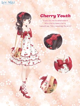 1girl ankle_socks artist_request bag bead_necklace beads black_hair bow bow_legwear bowtie bracelet brown_eyes character_name cherry_hair_ornament cherry_print cherry_youth_(miracle_nikki) close-up closed_mouth collarbone copyright_logo cross-laced_clothes cross-laced_legwear dot_nose dress english_text eyelashes floral_background floral_print food-themed_clothes food-themed_hair_ornament food_print footwear_bow frilled_hairband frilled_sleeves frills fruit_print full_body hair_beads hair_bow hair_ornament hairband happy high_heels high_side_ponytail jacket jewelry lace lace-trimmed_dress lace_trim light_blush lipstick logo long_hair makeup medium_dress miracle_nikki necklace nikki_(series) official_art open_clothes open_jacket orange_background pendant pink_lips pleated_dress print_dress puffy_short_sleeves puffy_sleeves red_bow red_bowtie red_hairband red_jacket red_shoes shoes short_sleeves shoulder_bag smile socks solo standing swept_bangs tareme third-party_source wavy_hair white_dress white_socks yellow_bag