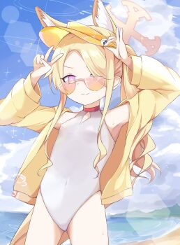 >:) 1girl absurdres animal_ear_fluff animal_ears bare_shoulders beach blonde_hair blue_archive blue_sky blush breasts closed_mouth cloud commentary_request covered_navel cross_halo diamond_cutout extra_ears fingernails fox_ears fox_girl fox_shadow_puppet fox_tail gluteal_fold hair_over_one_eye halo hand_on_headwear hands_up highleg highleg_one-piece_swimsuit highres jacket kazura loli long_hair long_sleeves ocean off_shoulder official_alternate_costume official_alternate_hairstyle one-piece_swimsuit outdoors pink_eyes seia_(blue_archive) seia_(swimsuit)_(blue_archive) side_ponytail sky small_breasts smile smug solo sparkle sunglasses swimsuit tail thighs tinted_eyewear v v-shaped_eyebrows very_long_hair visor_cap white_one-piece_swimsuit yellow_halo yellow_jacket yellow_visor