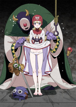 1980s_(style) 1girl assisted_exposure barefoot bdsm blonde_hair blue_eyes blue_skin blush body_blush bondage bound bound_wrists cape chain clenched_hands clothes_lift colored_skin cuffs dragon_quest dragon_quest_ii dress dress_lift feet female_pubic_hair full_body goggles goggles_on_headwear groin handcuffs helmet hood hook horns whackolyte kizaki leaning legs light_particles long_hair long_sleeves looking_at_viewer lowleg lowleg_panties monster oldschool panties parted_lips petite planted planted_sword planted_weapon prince_of_lorasia prince_of_samantoria princess_of_moonbrook pubic_hair purple_eyes purple_skin robe rope shadow size_difference staff standing sword tile_floor tiles underwear undressing unworn_headwear unworn_helmet wavy_hair weapon white_panties wide_sleeves