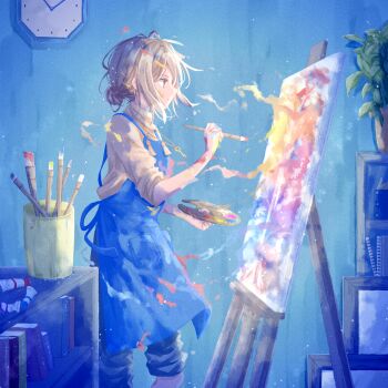 1girl analog_clock apron blue_apron blue_theme book bookshelf brown_sweater canvas_(object) clock closed_mouth commentary_request cup easel expressionless feet_out_of_frame film_grain from_side grey_hair hair_bun hair_ornament hairclip highres holding holding_paint_palette holding_paintbrush indoors looking_at_object original paint_palette paintbrush painting_(action) painting_(object) pants sidelocks single_hair_bun slice_of_life solo standing surreal sweater turtleneck turtleneck_sweater yanagima_yu03