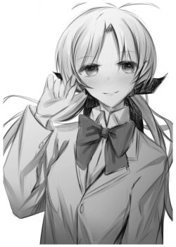 1girl absurdres antenna_hair blazer blush chaos;head chest_bow commentary_request dress_shirt greyscale highres jacket long_hair looking_at_viewer monochrome school_uniform science_adventure shirt simple_background smile solo suimei_academy_school_uniform upper_body white_background yakku