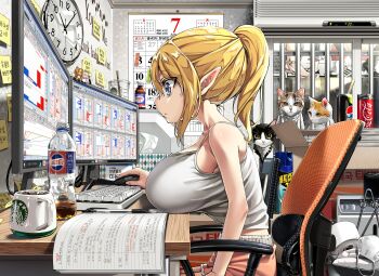 1girl absurdres animal blonde_hair blue_eyes book bottle breast_rest breasts calendar can cat chair clock computer computer_keyboard computer_mouse cup drink_can elf highres large_breasts miyu_(miyu_heuung) monitor notebook original pajamas paper pepsi pink_pupils pointy_ears serious shorts sitting soda_can solo stock_trading_elf_(miyu) toilet_paper window