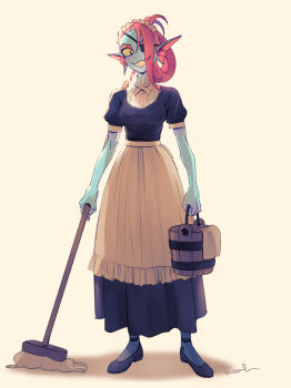 1girl absurdres alternate_costume apron bilingual_commentary black_dress black_shoes blue_skin breasts bucket colored_sclera colored_skin colored_teeth commentary dress english_commentary enmaided eyepatch fins folded_ponytail full_body hair_over_one_eye head_fins highres holding holding_bucket holding_mop looking_at_viewer maid maid_apron maid_day maid_headdress mixed-language_commentary monster_girl mop noah_(tettsui-sole) puffy_short_sleeves puffy_sleeves red_hair shoes short_sleeves signature simple_background smile solo undertale undyne utdr_(toby_fox) yellow_sclera yellow_teeth