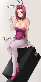 1girl absurdres animal_ears bare_shoulders blue_eyes blush bow bowtie breasts chess_piece code_geass detached_collar fake_animal_ears heart high_heels highres kouzuki_kallen large_breasts legs long_hair pantyhose pink_hair playboy_bunny rabbit_ears signature sitting solo wrist_cuffs yoo_tenchi