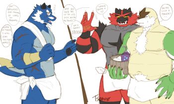 ! 3boys absurdres artist_name bara belly blush bucket chesnaught claws commentary cross_scar english_commentary english_text fangs fat fat_man furry furry_male gen_5_pokemon gen_6_pokemon gen_7_pokemon highres incineroar looking_at_another male_focus multiple_boys multiple_scars muscular muscular_male naked_towel nintendo no_humans pawpads pectorals penis penis_peek pokemon pokemon_(creature) samurott scar scar_across_eye scar_on_arm scar_on_face scar_on_stomach speech_bubble sweatdrop towel towel_around_waist tsuroe white_background wooden_bucket