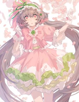 Rule 34 | 1girl, :o, arms up, belt, brown hair, character request, clenched hand, commentary, copyright request, falling petals, feet out of frame, floating clothes, floating hair, flower, flower request, frilled hairband, frilled shirt, frills, gloves, green flower, green hairband, green ribbon, green trim, hair flower, hair ornament, hair ribbon, hairband, highres, layered shirt, long hair, long skirt, looking at viewer, nme 0039, parted lips, petals, pink eyes, pink flower, pink ribbon, pink shirt, pink skirt, ribbon, shirt, shirt flower, short sleeves, simple background, skirt, solo, twitter username, untranslatable commentary, very long hair, white background, white gloves, white trim, yellow belt