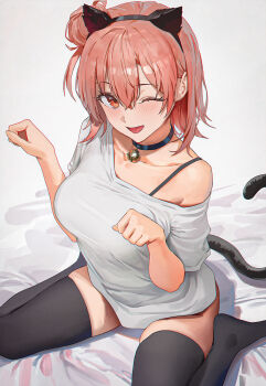 1girl absurdres amiki_yuzuru animal_ears bell bra_strap breasts cat_ears cat_tail hair_bun highres looking_at_viewer medium_breasts medium_hair neck_bell on_bed one_eye_closed open_mouth paw_pose pink_hair sitting tail thighhighs wariza yahari_ore_no_seishun_lovecome_wa_machigatteiru. yuigahama_yui