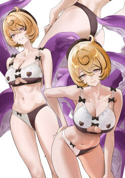 1girl absurdres ass black_bra black_hair black_hat black_panties blonde_hair bra breasts collarbone commentary english_commentary hand_on_own_hip hat highres large_breasts looking_at_viewer multicolored_hair multiple_views panties purple_eyes salmon88 short_hair smile streaked_hair tentacle_girl two-tone_bra two-tone_panties underwear underwear_only white_background white_bra white_panties yidhari_murphy zenless_zone_zero