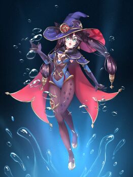 1girl absurdres aqua_eyes bad_id bad_pixiv_id black_gloves black_hair black_pantyhose blue_leotard breasts capelet commentary crescent crescent_hat_ornament earrings full_body fur-trimmed_capelet fur_trim genshin_impact gloves gold_shoes hat hat_ornament highres jewelry leotard long_hair looking_at_viewer low-tied_long_hair mofumanju mona_(genshin_impact) open_mouth pantyhose print_pantyhose purple_capelet purple_hat shoes single_earring solo star_(symbol) star_earrings star_pendant star_print twintails water_drop witch_hat