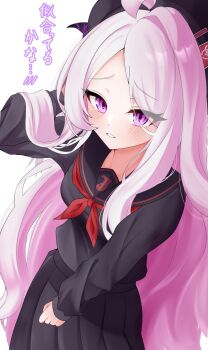 1girl absurdres ahoge black_sailor_collar black_serafuku blue_archive blush breasts commentary_request cosplay demon_girl demon_horns highres hina_(blue_archive) horns justice_task_force_member_(blue_archive) justice_task_force_member_(blue_archive)_(cosplay) long_hair looking_at_viewer neckerchief parted_lips pink_hair purple_eyes red_neckerchief rei_hinasuki sailor_collar school_uniform serafuku simple_background small_breasts solo standing translation_request white_background white_hair