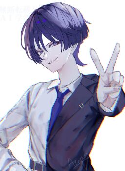 1boy adam's_apple alternate_costume arm_at_side aromuromu66 belt belt_buckle black_jacket black_sleeves blunt_ends buckle choppy_bangs collared_shirt commentary_request contemporary dress_shirt eyeliner formal_clothes genshin_impact grey_belt grin hand_on_own_hip hand_up highres jacket lapels layered_sleeves long_sleeves looking_at_viewer makeup male_focus necktie purple_eyes purple_hair purple_necktie red_eyeliner rounded_collar scaramouche_(genshin_impact) shirt single_off_shoulder smile solo suit_jacket teeth tsurime undershirt upper_body v watermark white_background white_shirt white_sleeves