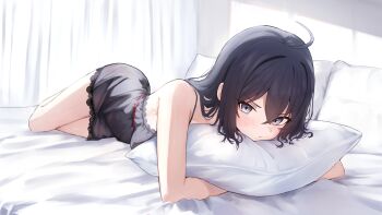 1girl absurdres ahoge black_hair black_negligee closed_mouth commentary_request grey_eyes hair_between_eyes highres hugging_object indoors lingerie liu_cuilan lying muv-luv muv-luv_girls_garden negligee on_bed on_stomach pillow pillow_hug sazaki_(sakiyuikun) solo underwear
