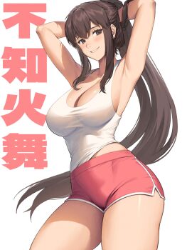 1girl absurdres armpits arms_behind_head arms_up breasts brown_eyes brown_hair character_name cleavage collarbone commentary cowboy_shot english_commentary fatal_fury grin hichi high_ponytail highres large_breasts looking_at_viewer pink_shorts ponytail shiranui_mai short_shorts shorts sidelocks simple_background smile solo street_fighter street_fighter_6 tank_top text_background thighs white_background white_tank_top