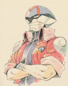 1boy agahari battle_athletes black_gloves black_shirt closed_mouth commentary_request cropped_torso crossed_arms gloves grey_background helmet high_collar highres jacket looking_ahead male_focus mr._miracle open_clothes open_jacket red_jacket shirt smile solo yellow_eyes