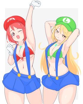 2girls adapted_costume arm_behind_head arm_up bikini bikini_top_only blonde_hair blue_skirt bob_cut breasts chest_jewel commentary_request core_crystal_(xenoblade) cosplay cowboy_shot gloves green_bikini highres large_breasts long_hair luigi luigi_(cosplay) mario mario_(cosplay) mario_(series) multiple_girls mythra_(xenoblade) nintendo pyra_(xenoblade) red_bikini red_eyes red_hair short_hair simple_background skirt suspenders swept_bangs swimsuit uncool_mochi white_background white_gloves xenoblade_chronicles_(series) xenoblade_chronicles_2 yellow_eyes