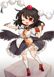 Rule 34 | 1girl, :d, bird wings, black hair, black ribbon, black skirt, black wings, blush, breasts, buttons, collared shirt, commentary request, frilled skirt, frills, full body, futa (nabezoko), geta, hat, holding, holding notebook, holding pen, large breasts, leaf print, looking at viewer, low wings, medium bangs, medium hair, notebook, one eye closed, open mouth, pen, pointy ears, pom pom (clothes), puffy short sleeves, puffy sleeves, red eyes, red footwear, red hat, ribbon, shameimaru aya, shirt, shoes, short sleeves, skirt, smile, socks, solo, standing, tengu-geta, tented shirt, tokin hat, touhou, white background, white shirt, white socks, wings