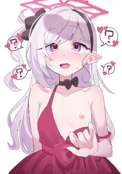 1girl ? bare_shoulders black_bow black_choker black_hairband blue_archive blush bow breasts choker clothes_pull collarbone dress dress_pull earrings fang flat_chest grey_hair hairband halo heart heart-shaped_pupils jewelry loli long_hair looking_at_viewer moe_nayo mutsuki_(blue_archive) mutsuki_(dress)_(blue_archive) nipples one_breast_out open_mouth pink_eyes pointy_ears red_dress red_halo side_ponytail simple_background skin_fang sleeveless sleeveless_dress smile solo speech_bubble spoken_question_mark sweat symbol-shaped_pupils upper_body white_background