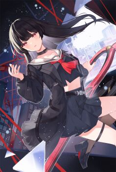 1girl black_choker black_hair black_jacket black_serafuku black_shirt black_shoes black_skirt black_socks chisa_(wuthering_waves) choker collarbone commentary crop_top fingernails hair_ribbon hand_up high-waist_skirt highres holding holding_sword holding_weapon jacket long_hair long_sleeves looking_at_viewer mole mole_under_eye neckerchief open_mouth red_eyes red_neckerchief red_ribbon ribbon rururuka sailor_collar school_uniform serafuku shirt shoes skirt socks solo sword thigh_strap weapon white_sailor_collar wuthering_waves