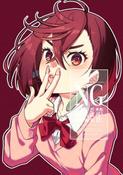 1girl ayase_momo bow bowtie breasts brown_eyes brown_hair collared_shirt crossed_bangs dandadan earrings furrowed_brow hair_between_eyes highres jewelry kisuke_(nie) looking_at_viewer medium_breasts medium_hair parted_lips pink_sweater red_bow red_bowtie school_uniform shirt signature solo sweater upper_body white_shirt