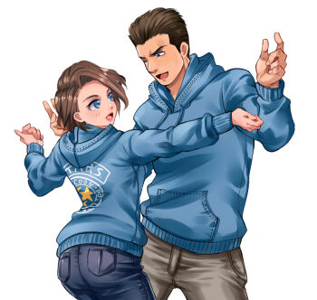 Rule 34 | 1boy, 1girl, black hair, blue eyes, blue hoodie, blue pants, brown hair, chris redfield, denim, hood, hoodie, jeans, jill valentine, nagare, one eye closed, open mouth, pants, resident evil, simple background, smile, white background