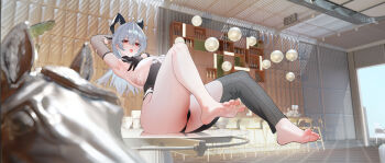 1girl absurdres barefoot breasts feet grey_hair hezhi_go highres horns large_breasts leotard long_hair looking_at_viewer mole mole_under_eye open_mouth red_eyes soles toes tongue tongue_out wuthering_waves zani_(wuthering_waves)