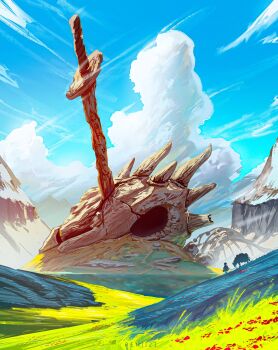 Rule 34 | 1other, absurdres, benii21, cloud, commentary, cumulonimbus cloud, dragon skull, english commentary, giant skull, grass, highres, horns, huge weapon, landscape, multiple horns, original, outdoors, rust, weapon