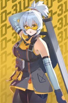 1girl a_unir absurdres backpack bag black_skirt breasts commentary detached_sleeves english_commentary goggles highres holding holding_sword holding_weapon large_breasts looking_at_viewer open_mouth orange_hair pants ponytail short_hair skirt soldier_11_(zenless_zone_zero) solo sword weapon white_hair yellow_skirt zenless_zone_zero zipper zipper_pull_tab