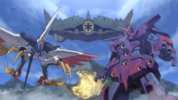 2023 absurdres apsalus_iii armor bird claws cloud dated_commentary day flying g_gundam glowing glowing_eye glowing_eyes green_eyes gundam gundam_08th_ms_team gundam_heaven&#039;s_sword hatsuyume highres joints looking_at_viewer mecha mecha_focus mechanical_wings mobile_armor mobile_suit molten mono-eye mountain mountainous_horizon no_humans no_pupils one-eyed outdoors pink_eyes psycho_gundam_mk_ii robot robot_joints shoulder_armor silhouette siratori_(yy_203) talons v-fin wings zeta_gundam