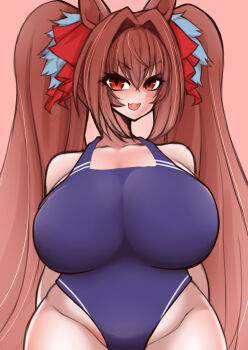 1girl animal_ears arms_behind_back blue_one-piece_swimsuit breasts brown_hair daiwa_scarlet_(umamusume) fang hair_intakes hair_ornament hair_ribbon highleg highleg_one-piece_swimsuit horse_ears horse_girl huge_breasts long_hair long_twintails oekakiokiba one-piece_swimsuit open_mouth pink_background red_eyes red_ribbon ribbon skin_fang smile solo standing swimsuit twintails umamusume wide_hips