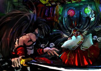 Rule 34 | 1boy, 1girl, black hair, crossed arms, evil smile, fighting stance, haoumaru, headband, highres, japanese clothes, legs, long hair, long skirt, miko, muscular, muscular male, ponytail, rashoujin mizuki, samurai spirits, skirt, smile, snk, sword, thighs, torii, weapon