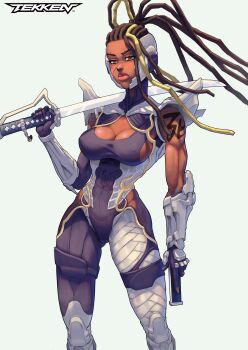1girl absurdres arm_armor armor black_hair blonde_hair breasts cornrows cowboy_shot dark-skinned_female dark_skin dreadlocks gauntlets gloves headgear highres holding holding_sword holding_weapon howxen large_breasts master_raven multicolored_hair revealing_clothes scar shoulder_armor shoulder_tattoo simple_background solo sword tattoo tekken tekken_7 two-tone_hair very_dark_skin weapon
