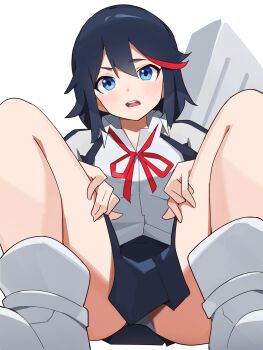 1girl absurdres black_hair black_skirt blue_eyes case commentary foreshortening hands_on_own_thighs highres kill_la_kill looking_at_viewer loose_neck_ribbon matoi_ryuuko multicolored_hair neck_ribbon panties pantyshot parted_lips pleated_skirt red_hair red_ribbon ribbon school shirt shoes short_hair simple_background skirt sneakers solo squatting straight-on streaked_hair symbol-only_commentary t-lex teeth thighs two-tone_hair underwear upper_teeth_only white_background white_panties white_shirt white_shoes wing_collar